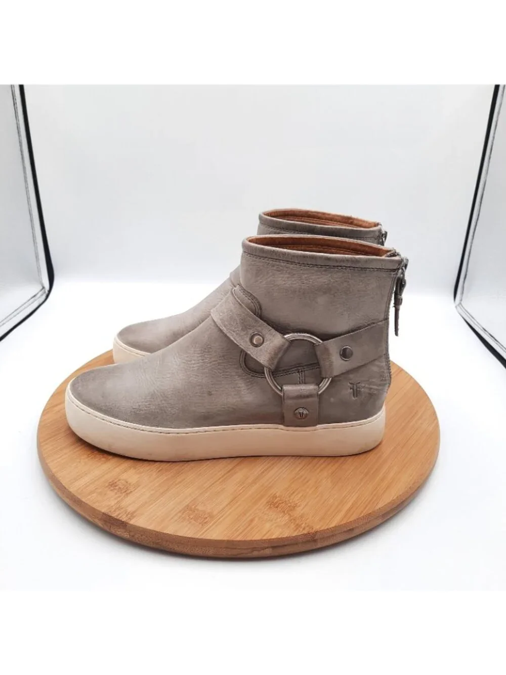 Frye Lena Harness Womens Size 6.5 Boots Gray Leather Back Zip Ankle Booties